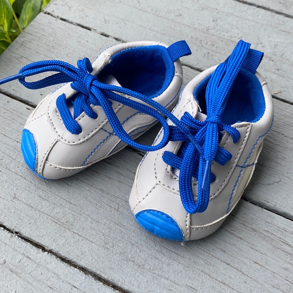 Baby sneaker booties, grey & blue, size 2.